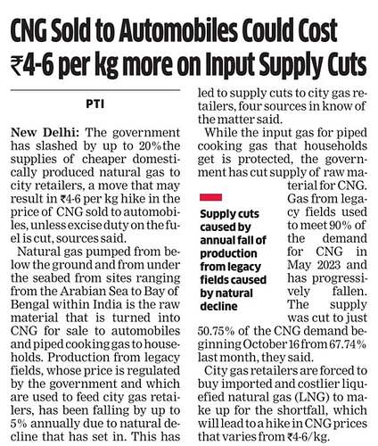 CNG Sold to Automobiles Could Cost `4-6 per kg more on Input Supply Cuts